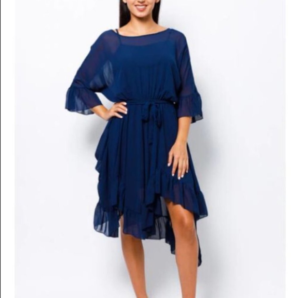 Navy Asymmetrical Hem Dress
